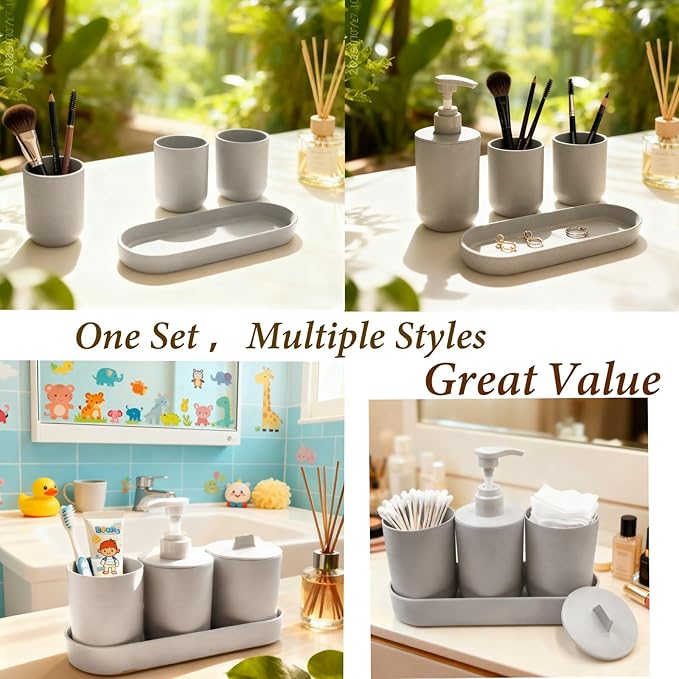 LGURT-4-piece Bathroom Accessories Set, with Toothbrush Holder, Lotion soap Dispenser, Qtip Holder Dispenser and Vanity Tray, Sleek Counter Storage for Bathroom Vanity (Gray)