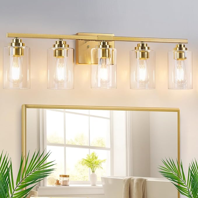 VerRon 5-Light Gold Bathroom Light Fixtures, 31" Modern Vanity Lights Over Mirror with Clear Glass Shades,Brushed Gold Wall Light Fixture for Bathroom Mirror Bedroom Porch, Hardwired Wall Sconces