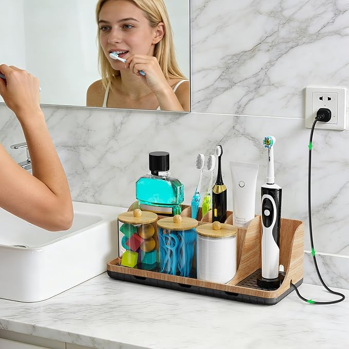 Bathroom Counter Organizer, Bathrooms Toothbrush Holder Set with 3 PCS Qtip Holder, Kids Electric Toothbrush and Toothpaste Holder Organizer Drainage for Bathroom Accessories (Wood Grain)