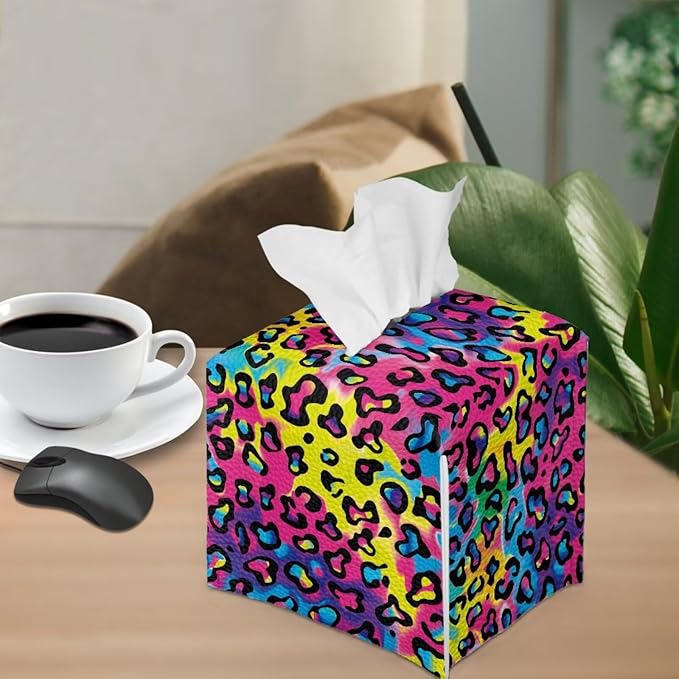Rainbow Leopard Tissue Box Holder Waterproof PU Leather Square Tissue Box Cover Organizer with Metal Button Napkin Case for Home Office Car
