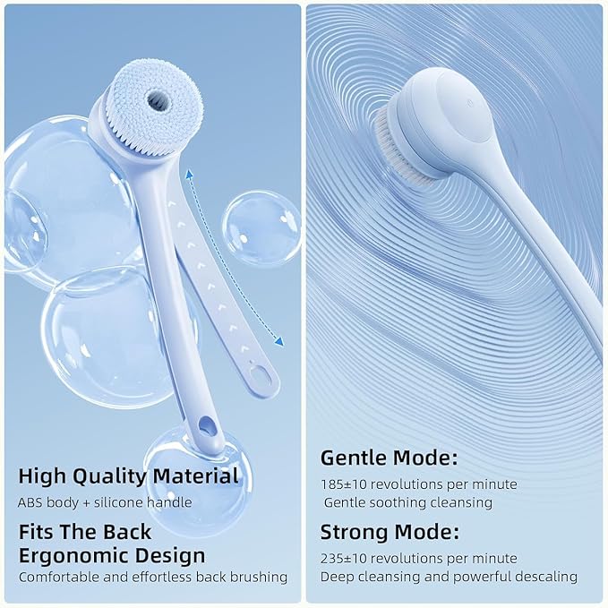 Electric Body Brush Back Scrubber for Shower, Waterproof Long Dual Handle Power Body Scrubber with 3 Heads, Bath Brush & 2 Speeds, for Cleansing, Exfoliating and Massaging Skin, Sky Blue