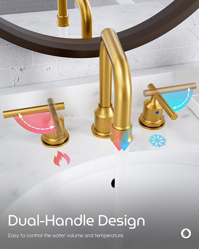 Brushed Gold Bathroom Faucet Set: WOWOW Widespread Bathroom Sink Faucet 3 Hole with Pop-up Drain and Supply Lines, 8 Inch Vanity Taps 3 Pieces Basin Tap 2 Handle Modern (Set of 2)