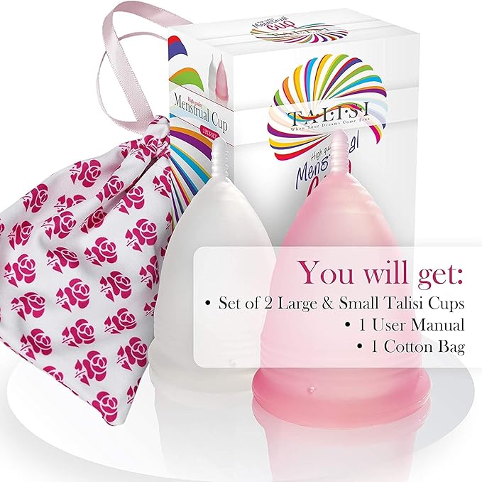 Talisi Menstrual Cups Set of 2 - Reusable Period Kit (Small & Large Sizes) - Super Soft Silicone Regular & Heavy Flow - Feminine Hygiene Products, Tampon & Pad Alternative - Organic Copa Menstrual