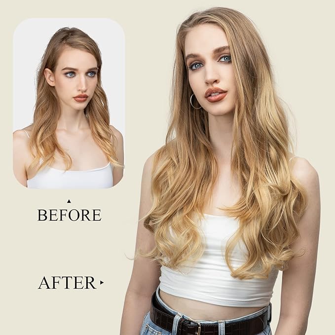 SARLA Clip in U Part Hair Extensions Synthetic Long Wavy Curly Thick Full Head Hairpiece for Women Off Black 24 Inch