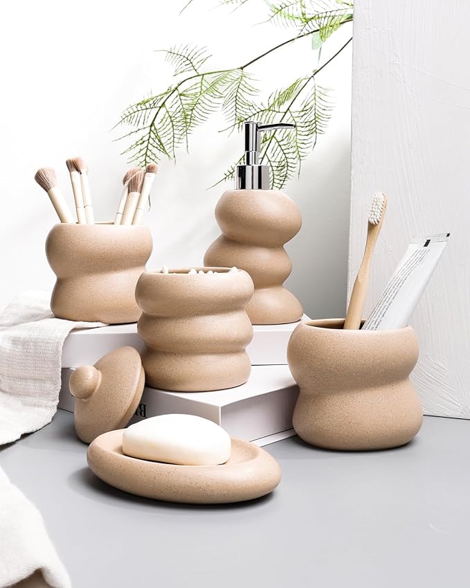 Bathroom Accessory Set 5PCS, Ceramic Bathroom Accessories Set, Irregular Shape Small Bathroom Sets Accessories Complete, Home Apartment Minimalist Decor Vanity Countertop, ANTIS'S HOME (Linen)