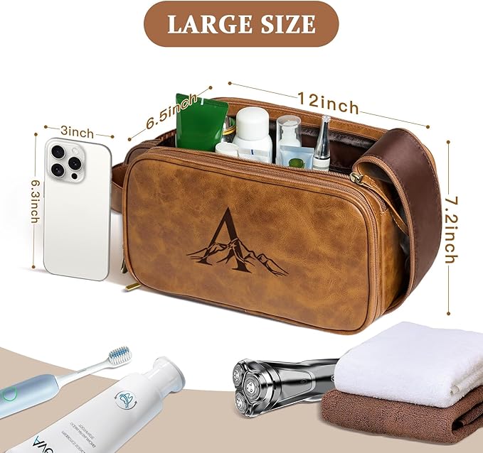 Janhavi Large Waterproof Travel Size Toiletries Bag, Birthday Gifts for Men, Beach Vacation Essentials, Personalized PU Leather Laser Engraved Initials & Mountain, Birthday Gifts For Him (Brown D)