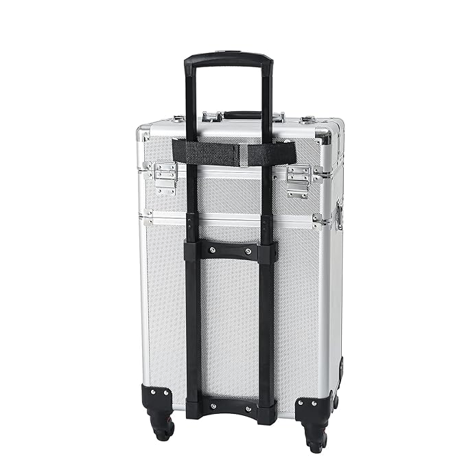 4 in 1 Rolling Makeup Train Case, Professional Aluminum Makeup Travel Organizer Cosmetic Case, Cosmetology Caboodle Case on 360° Wheels, Beauty Storage Luggage Lockable(Silver)