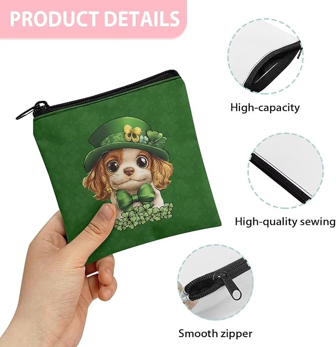 Spring Green Print Period Bag with Zipper Artsy Cute Dog Sanitary Napkin Storage Bag for Active Women Leak-Proof Menstrual Organizer for Sports & Outings
