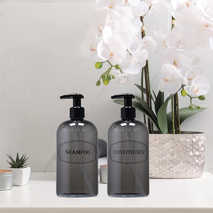 Bottiful Home-16 oz Shampoo and Conditioner Refillable Empty Plastic Pump Bottle Dispenser Set (Gray)
