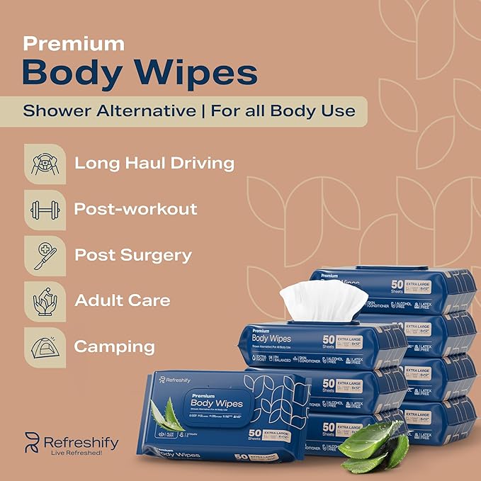Wet Body Wipes for Adults | Shower Alternative Bathing No Rinse, Large 8” x 12”, 400 Wipes 8 Packs of 50
