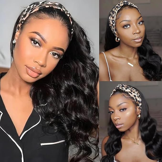 XSY Body Wave Headband Wig Human Hair for Black Women Brazilian Virgin Hair Wear and Go Glueless Wigs Machine Made 150% Density Natural Color 12 Inch