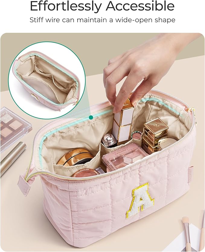 BAGSMART Birthday Gifts Personalized Initial Makeup Bag, Trendy Stuff Gifts for Women Bridesmaid Graduation, Puffy Padded Make Up Bags for Women, Wide-open Toiletry Bag, Pink A