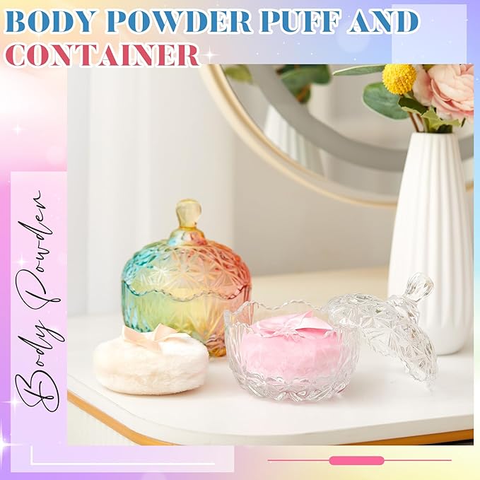 Tioncy 4 Pcs Large Body Powder Puff and Container Extra Large Body Powder Puff Dish Soft Washable Reusable Fluffy Makeup Sponge Wet Dry(Diamond,Colorful and Clear)