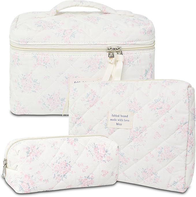 3Pcs Cotton Quilted Makeup Bag Large Travel Cosmetic Bag Coquette Makeup Pouch Cute Aesthetic Floral Toiletry Bag for Women Girls (flower-S)