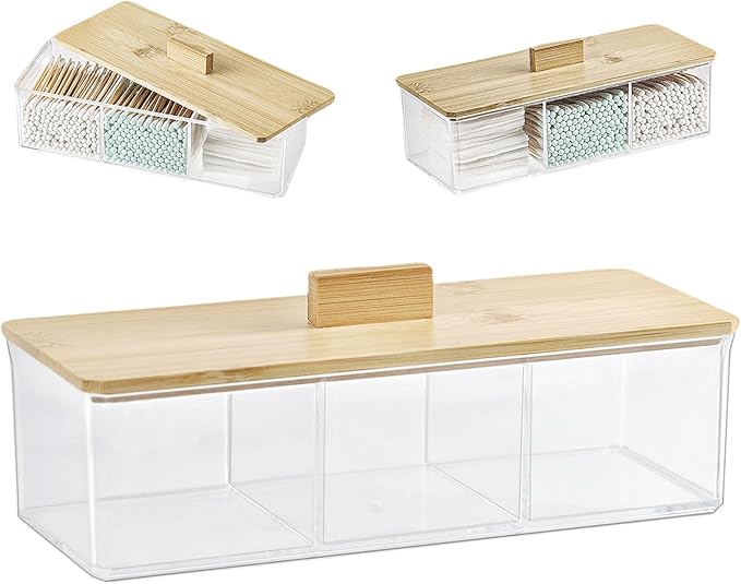 Clear Bathroom Dresser Organizer - Cotton Ball Swab Holder with 3 Divided Compartments&Lid, Waterproof Transparent Small Plastic Storage Containers, Vanity Makeup Organization