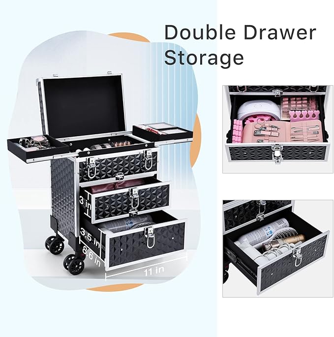 FRENESSA Professional Rolling Makeup Case Aluminum Trolley Train Case with 360° Swivel Wheels for Makuep Artist Travel Cosmetic Organizer with Sliding Drawers for Nail Tech Hairstylist Barber, Black