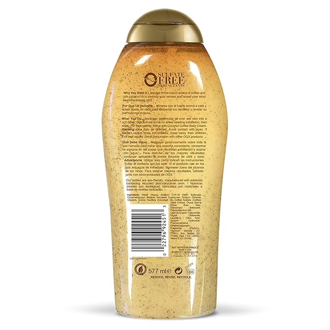 OGX Smoothing + Coconut Coffee Exfoliating Body Scrub with Arabica Coffee & Coconut Oil, Moisturizing Body Wash for Dry Skin, Paraben-Free with Sulfate-Free Surfactants, 19.5 Fl Oz (Pack of 3)