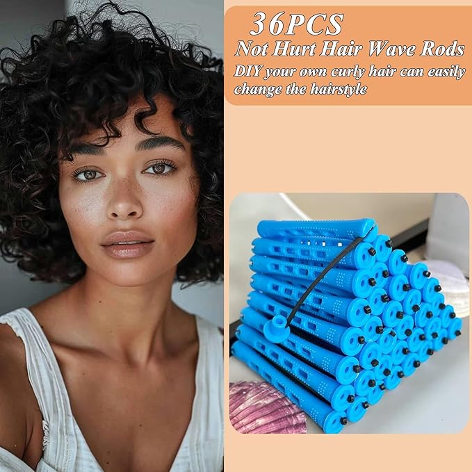 Perm Rods Set for Natural Hair - 36pcs Blue Cold Wave Rods Plastic Hair Rollers for Short Long Hair Curling Rod with Rat Tail Comb(36pcs Blue)