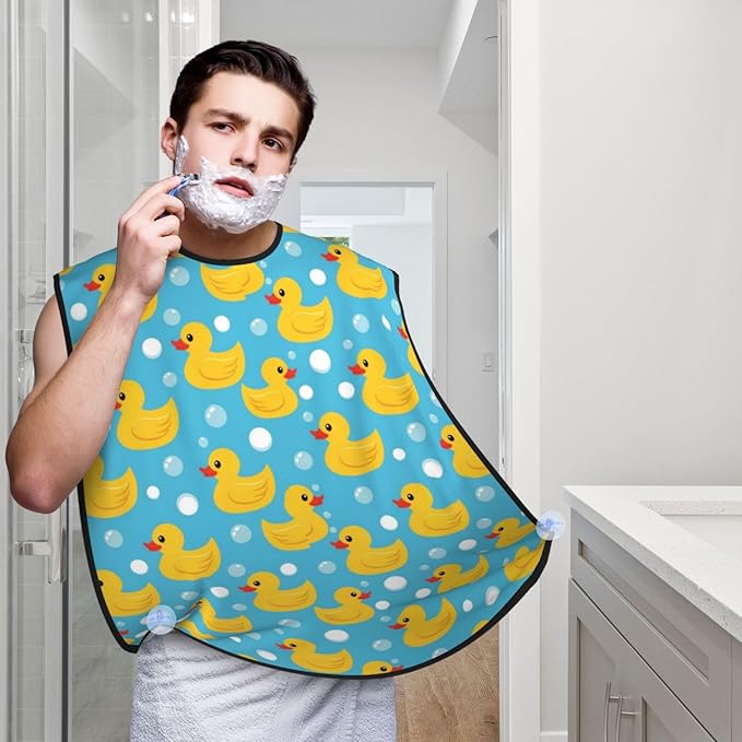 Beard Bib with 3 Suction Cups, Non-Stick Waterproof Hair Catcher Apron, Men's Shaving Essential for Grooming, Yellow Rubber Ducks Print Shave Bib