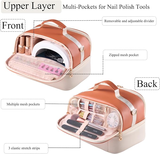 Nail Polish Organizer Holds 35 Bottles & Nail Lamp, Nail Organizers and Storage, Double Layer Nail Bag with Handle & Shoulder Strap for Travel, Nail Supplies Organizer for Manicure Kit (Brown+Beige)