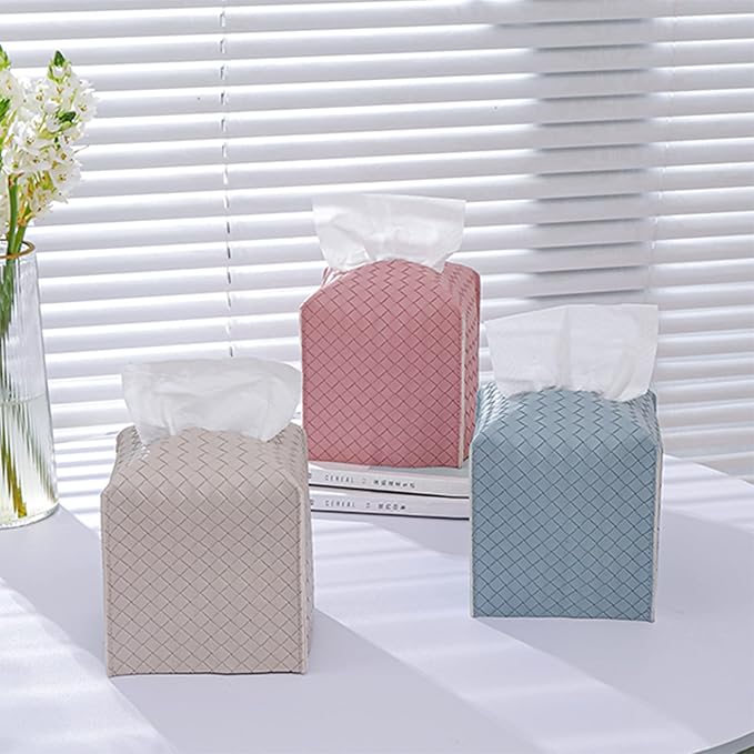 Tissue Box Cover PU Leather Tissue Holder Square Facial Tissue Case Facial Paper Organizer Dispenser for Bathroom, Vanity Countertop, Tabletop, Car, PowderBlue