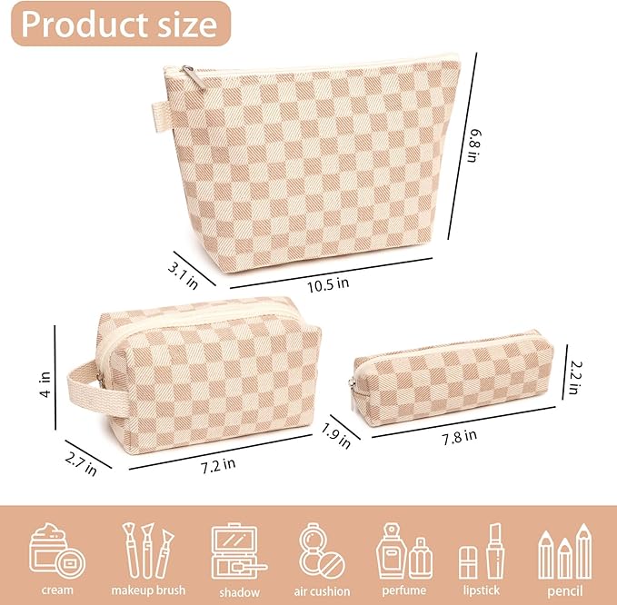 3 Pcs Canvas Makeup Bag Set Checkered Cosmetic Pouch for Women Travel Toiletry Bag Cute Makeup Organizer Purse Pouch Preppy Pencil Case with Zipper (Checkered Khaki)