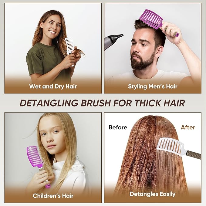 2 Pack Curved Vented Detangling Brush for Wet and Dry Hair, Paddle Styling Hair Brush for Faster Blow Drying, Detangler Brush for Women Men Curly Thick Hair