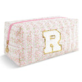Personalized Quilted Cosmetic Bag, Puffy Monogrammed Christmas Birthday Gifts for Women & Girls, Cute initial Floral Makeup Bag Puffer Coquette Bag, Aesthetic Travel Toiletry Zipper Pouch(Pink,R)
