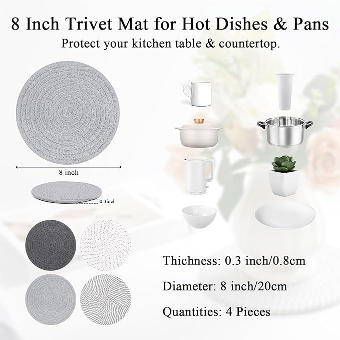 SHACOS 8 Inches Trivets for Hot Dishes, 4 Pieces Cotton Trivets Mats for Kitchen, Hot Pads for Countertops and Table, Heat-Resistant Pot Holders for Hot Pots and Pans(Gray, 4pcs)