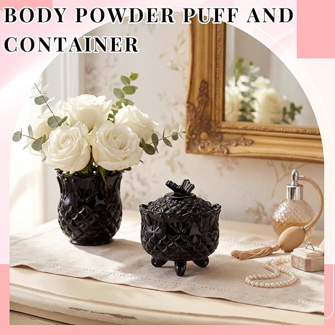 Tioncy 3 Pcs Large Body Powder Puff and Container Valentine's Day gift Powder Container with Puff Crystal Case Soft Washable Reusable Velour Face Body Glitter Wet Dry Makeup (Butterfly,Black)