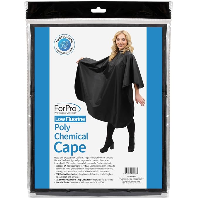 ForPro Low Fluorine Poly Chemical Cape, Professional Hair Salon Styling Cape with Adjustable Snap Closure, 58” L x 47” W, Black