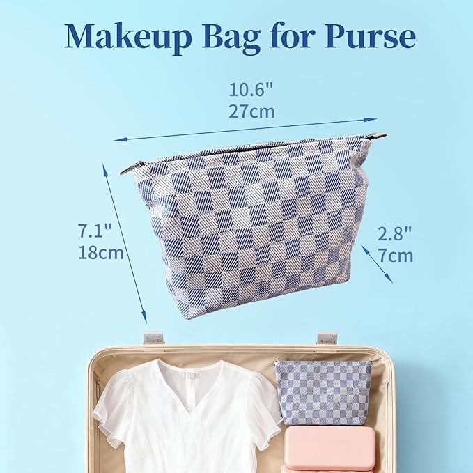 Blue Checkered Makeup Bag for Women, Canvas Cosmetic Bag with Zipper Lining, Travel Makeup Pouch for Purse, Travel Pouch for Toiletry, Cosmetic, Sunscreen, Hygiene, Skincare, SPF, Medicine, Sunblock
