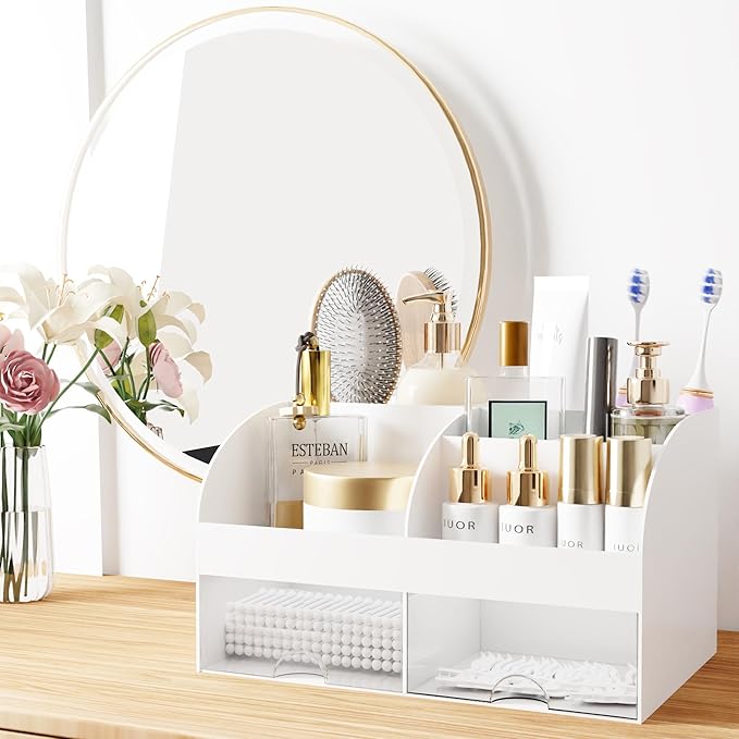 Makeup Organizer with Drawers, Cosmetic Storage for Dresser Vanity and Bathroom Countertop, Beauty Holder for Lipstick Brush, Skincare Organizer for Vanity, Cosmetic Display Case (White-2P)