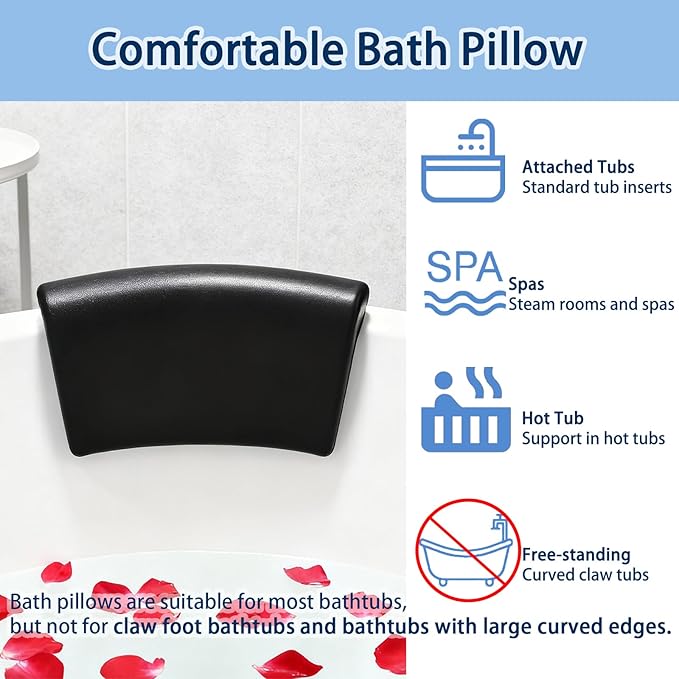 Bath Pillow, Bath Pillows for Tub with Head, Neck and Shoulder Support, Ergonomic Waterproof Bathtub Pillow with Strong Non-Slip Suction Cups, Relaxing Spa, Hot Tubs, Bathroom Essentials Black