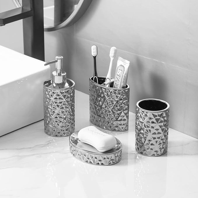 Silver Bathroom Accessories Set, 4 Piece Ceramic Bath Accessory Sets Complete, Diamond Soap Dispenser and Silver Toothbrush Holder Set for Bathroom Counter Sink, Farm Modern Bathroom Decor