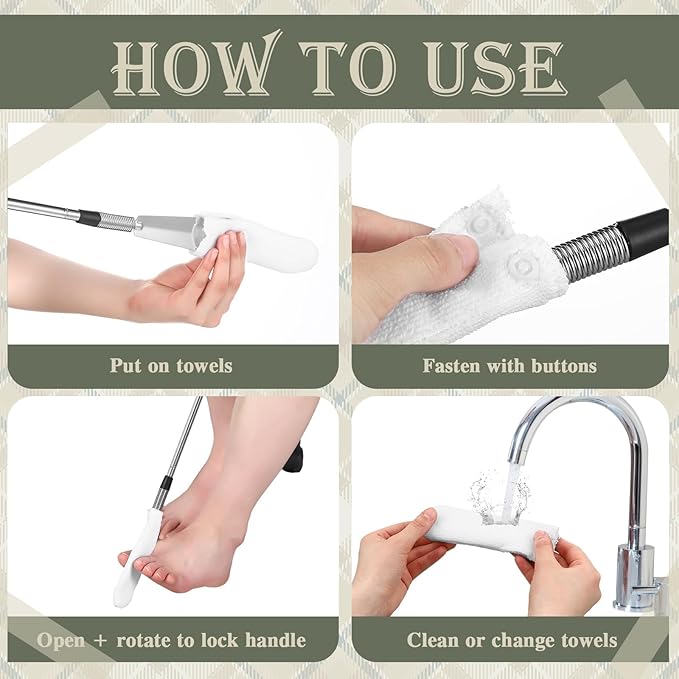 Toe Cleaning Brush Lotion Applicator for Feet with 6 Reusable Drying Covers Foot Cleaner with Telescopic Stainless Steel 16-30 Inch Handle Toe Scrubber for Seniors Elderly Disabled Men Women