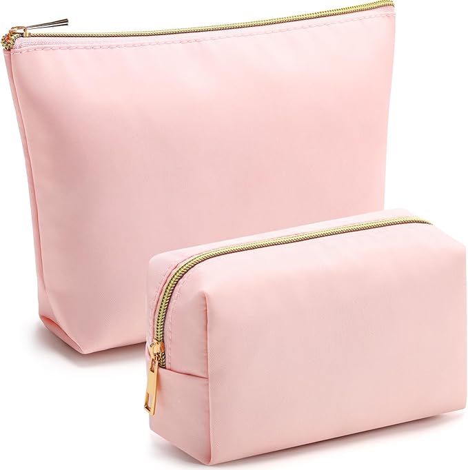 Kigeli 2 Pcs Nylon Makeup Bag Set for Women Wedding Favors Cosmetic Bag with Interior Pockets Preppy Cute Purse Pouch Pencil Case Makeup Brushes Storage Organizer for Travel Toiletry Bags(Pink)