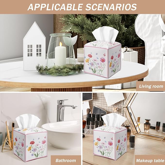 Wildflowers Butterfly Tissue Box Cover Square with Bottom Belt, Leather Waterproof Tissue Holder Facial Paper Case for Tabletop Home Office Bathroom Car Decor -05