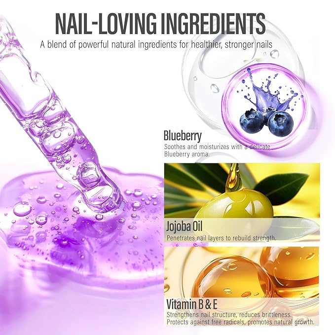 CHUCHU Nail Growth and Strengthener Oil for Cuticle - Blueberry Scent Cuticle Oil Repair Moisturizing Treatment - Natural Jojoba Vitamin B & E Nail Oil for Dry Cracked Nails