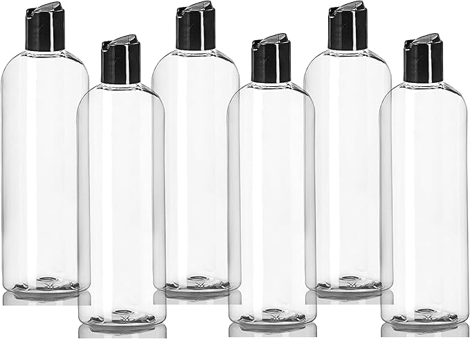 ljdeals 16 oz Clear Plastic Empty Bottles with Black Disc Top Caps, Squeezable Refillable Containers for Shampoo, Lotions, Cream and more Pack of 6, BPA Free, Made in USA