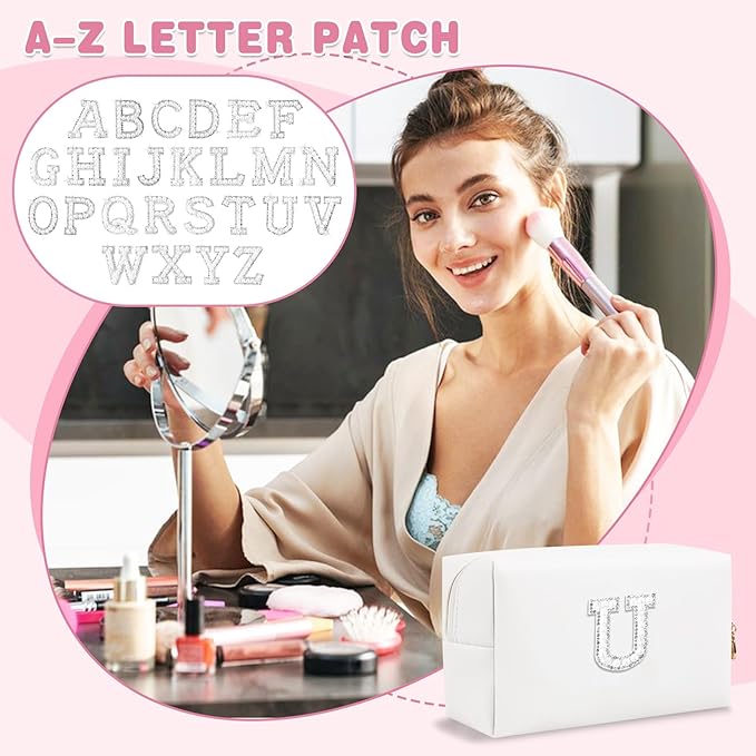 Bride Gifts – Personalized Initial Makeup Bag with Pearl Rhinestone Patch, Preppy White Monogram Cosmetic/Toiletry Pouch, bridesmaid Gifts, Bridal Shower Gifts, Wedding Gifts, Bridal Gifts,U