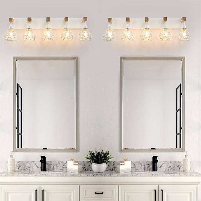 White Bathroom Vanity Light Fixtures, 5-Light Wood Bathroom Light Fixtures Over Mirror, Rustic Sconces Wall Lighting with Elegant Metal Lampshade for Living Room, Bedroom, Hallway