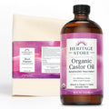 HERITAGE STORE Organic Castor Oil Pack Wrap Kit - Soothing Castor Oil Packs, Heat Compress for Abdomen, Joints, Overall Health - 16oz Cold Pressed Organic Castor Oil and 12 x 27 in. Wool Flannel Cloth