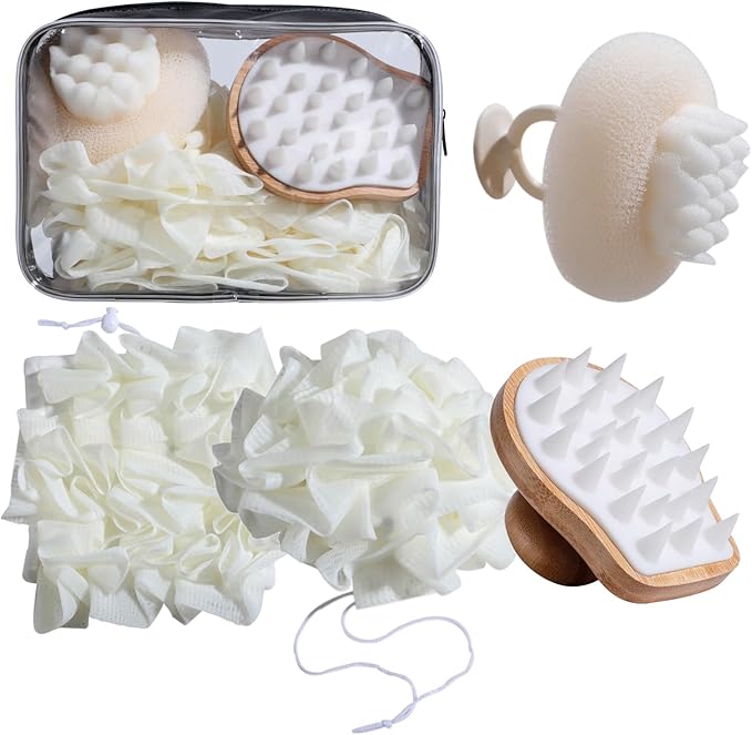 NVTED Bath Tools Set, 5 PCS Loofah Washcloth Combo 2-in-1, Suction Cup Bath Ball，Silicone Body Bath Brush with Waterproof Cosmetic Bag, for Body Wash and Smooth Skin