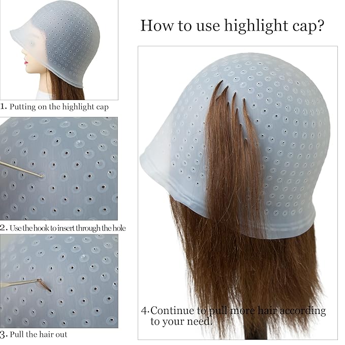 Punched Silicone Highlight Hair Cap with Needle Brushes Set Professional Reusable Highlighting Poked Hole Hooks for Salon Color Hairdressing Dyeing Staining Tools for Women Men