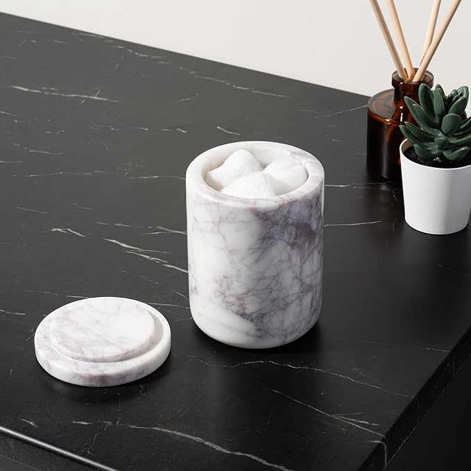 Cork & Mill Marble Bathroom Accessories Set, Complete 3 Piece Set with Soap Dispenser, Toothbrush Holder & Canister with Lid for Qtips, White Marble Bath Countertop Vanity Decor Organizer