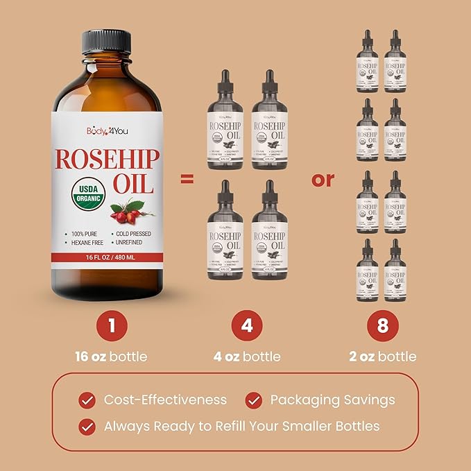 BodyJ4You Rosehip Oil for Face - 100% Pure Natural USDA Organic Cold Pressed - Hydrating Skin Hair Nails Anti-Aging Wrinkle Scar Treatment Gua Sha - Non-GMO Undiluted Carrier - Glass Bottle 16 Fl Oz