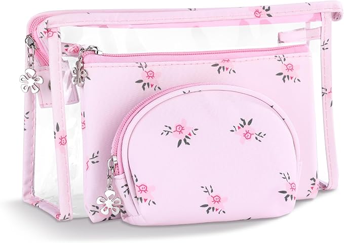 Richeart Makeup Bag, Clear Bag with Zipper, 3PC Floral Flowers Makeup Pouch, Waterproof Small Pouch, Portable Travel Toiletry Bag, A