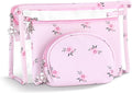 Richeart Makeup Bag, Clear Bag with Zipper, 3PC Floral Flowers Makeup Pouch, Waterproof Small Pouch, Portable Travel Toiletry Bag, A