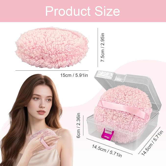 6'' Body Powder Puff 2-Pack with Storage Box – Oversize Soft Dusting Puff for Women, Fluffy Talcum Powder Applicator, Gentle Skin Care Puff for Post-Bath Use，Pink